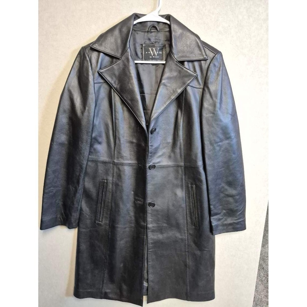New York by Winlit Womens Black Leather Trench Coat Mid Length Button Up Size M